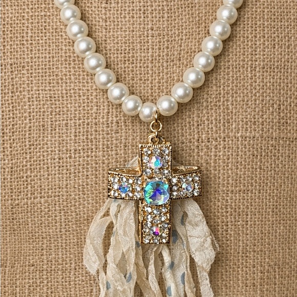 Gypsy South Pearl Rhinestone Cross Necklace